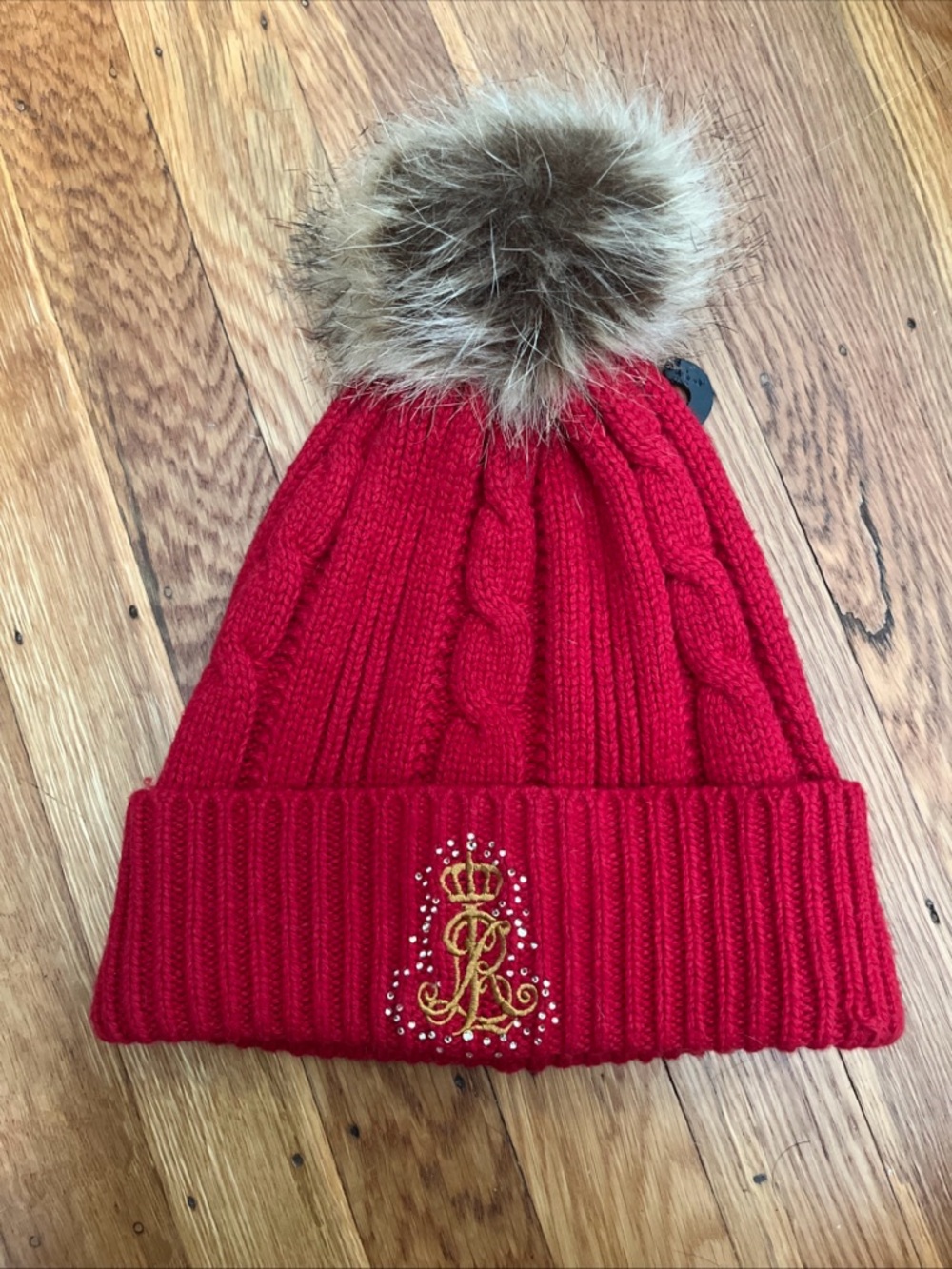 Red Knit Pom Pom Beanie with Gold Embroidery - Kids Accessories